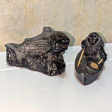 VTG 1998 Wolf Original Inuit Soapstone Set Salmon And Eskimo Fisherman Figurines picture