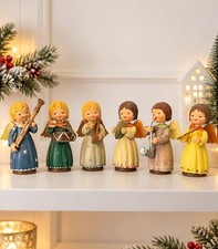 Vintage ANRI Italy Set of 6 Hand Carved Wood Musician Angels 3.5