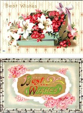 2~ca1910's Postcards BEST WISHES Embossed Greetings FLOWERS & RIBBON picture
