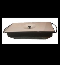Nice Antique Black And White fun Enamelware Rectangle 16 Inch Covered Pan picture