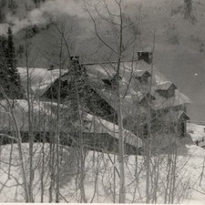 c1930s Winter Mountain Ski Lodge Cabin Snow Snapshot Photo Smoke Chimney Forest picture