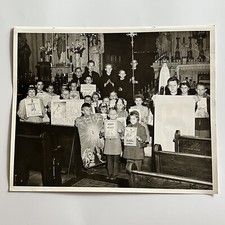 Vintage B&W Press Group Photograph Children Catholic Church Signs Blue Army picture