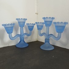 Vintage 2 Pcs Blue Frosted Satin Glass Triple Candle Holder Tulip Art Deco picture
