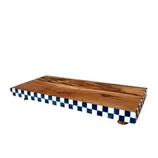 Blue & White Checkered Enameled Mango Wood Serving Tray 15x6.5 Made In India NEW picture