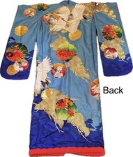 Vintage Japanese Uchikake Wedding Robe Blue Colorful w/ Crane & Flowers picture