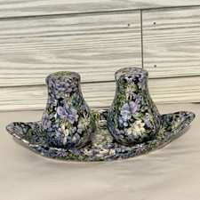 Vintage Two’s Company “Mollie” Chintz Salt & Pepper Shakers With Tray Floral NIB picture
