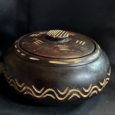 Vintage Hand-Carved Dark Wood Stained Lidded Bowl picture