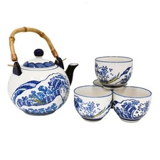 Urban Tokyo Hokusai Great Wave Porcelain Tea Set 30oz Teapot 4 Cups Blue White picture
