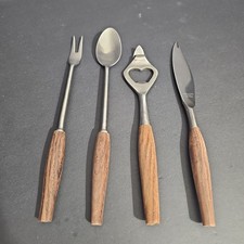 Vintage MCM Japanese Barware Utensil Set Wood Handles Stainless Steel Japan 4 Pc picture