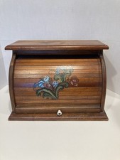 Vtg Wooden Roll Top Bread Box Hand Painted Floral Design MCM Farmhouse  picture