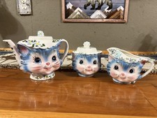 Vintage Lefton Miss Priss Cat Set Teapot Sugar Bowl Creamer Anthropomorphic picture