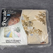 Vtg King Fitted Sheet Percale Maple Floral Butterfly Montgomery Ward Brown  NOS picture