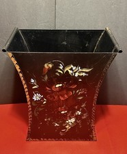 Beautiful Antique Tole Black Hand Painted Floral Motif Metal Wastebasket 12” picture