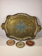Vintage Italian Florentine Set - MAF Gilt Serving Tray & 3 Wooden Coasters MCM picture