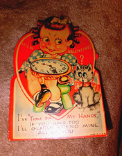Vintage Valentine’s Day Card Girl With Clock & Cat “Time on My Hands” Mechanical picture