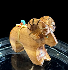 Zuni Carved Ram Fetish Wood Turquoise Inlay Bighorn Sheep MOP Arrowhead Bale 2