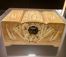 Antique Hand Carved Oriental Wood Relief Treasure Box picture