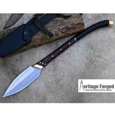 CUSTOM HANDMADE CARBON STEEL HUNTING HELLBOY SPEAR KNIFE W/WOOD HANDLE & SHEATH picture