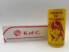 Vintage Knights of Columbus Helping the Retarded Tip Cup Can W Soda Jerk Hat picture