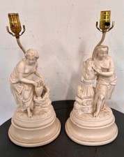 Pair Vintage Figural Table Lamps Neoclassical Maidens Water Jug & Wheat Working picture