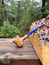 Olive wood Poker pipe with royal blue ripple straight stem. picture