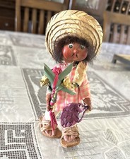 VTG MEXICAN FOLK ART MALE DOLL FIGURINE SOMBRERO, straw flowers, basket picture