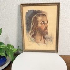 Vintage W.E.Sallman 1935 Jesus 3D Litho Print Framed Messenger Corp 12X9 picture