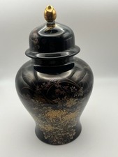 Vintage Shibata Japanese Ginger Jar Tenmoku-Kiku Design Dragonflies Black Gold picture