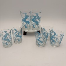 7 VTG 1960’s MCM Federal Glass High & Low Ball Juice Glass Blue Gazelle Tumblers picture