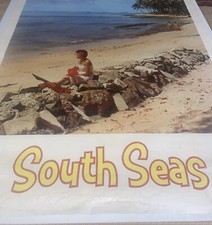 USED Vintage South Seas Travel Tourism Poster Hawaii Tiki Bar Decor Palm Trees picture