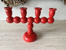 Swedish Cherry Red Wood Bobbin Candelabra Folk Art Candlestick Holder MCM picture