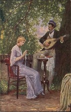 C BENESCH Man Serenades Beautiful Woman LUTE MANDOLIN Antique Postcard picture