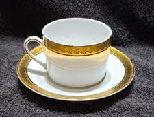 Plato y taza Limoges patron Rhapsody, pocelana alta calidad con bordes en oro picture