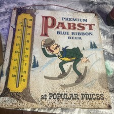 Pabst Blue Ribbon Vintage Tin Thermometer Sign Skiing Skier Breweriana picture