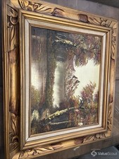 Mountain Lake Landscape Oil on Canvas Ornate Wood Frame picture