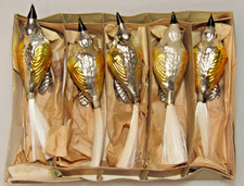 Lot 5 Vintage Glass Clip On SONG Gold BIRD Spun Tail Christmas Ornament Germany picture