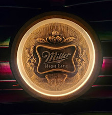 Vintage 1980's Miller High Life Beer Illuminated Barrel Keg Light Sign Faux Wood picture