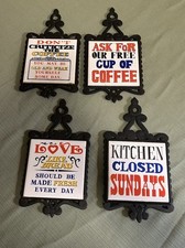 Interpur Kitchen Trivets Set of 4 1970's Wrot Iron & Tile  Catchy Phrases VTG MC picture
