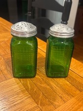 Vintage Green Glass Grid Square Salt & Pepper Shakers Set w/ Metal Lids 5in picture