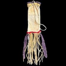 Antique Circa 1900 Iroquois Attributed Medicine Bag Deerskin Trade Cloth Fringe picture