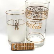 Set of 2 Vtg Japan Coca cola 80s Glasses Gold Roberta di Camerino Drinkware Box picture