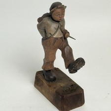 Vintage Hand Carved Wood Figurine Boy Wanderer with Basket Umbrella Folk Art 5
