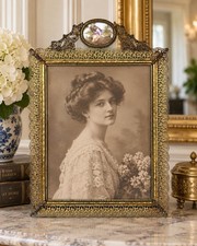 Rare Ornate Gilt Brass Filigree 7x9 Picture Frame Porcelain Courting Medallion picture