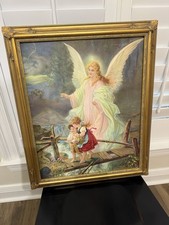 Guardian Angel and Children Gold Tone Ornate Framed Picture Art  23
