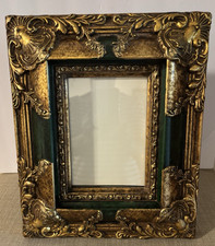 Ornate Vtg Style Picture Frame Featuring Baroque Gold Tone Scroll Work W/Green picture