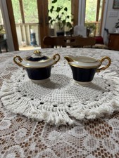 Vintage Syracuse China Queen Anne Old Ivory Cobalt Blue Sugar Bowl And Creamer picture