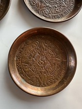 Vintage Aztec Calendar 3” Hand Hammered Copper Coasters Dishes Set Of 3 Wall Art picture