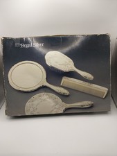 Vintage Regal Silver 3-Piece Vanity Grooming Set Hand Mirror Hair Brush Comb Box picture