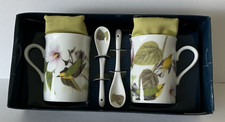 I  Godinger Audubon 2 Fine Porcelain Mugs Matching Spoons, Blue Winged Warbler picture