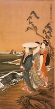 Antique Japanese Woodblock Print Beauties on Beach by Kitagawa Fujimaro c.1820s picture
